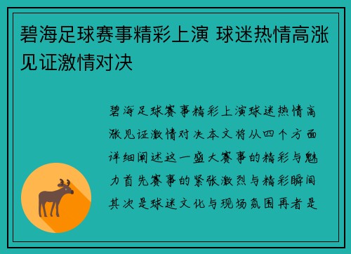 碧海足球赛事精彩上演 球迷热情高涨见证激情对决